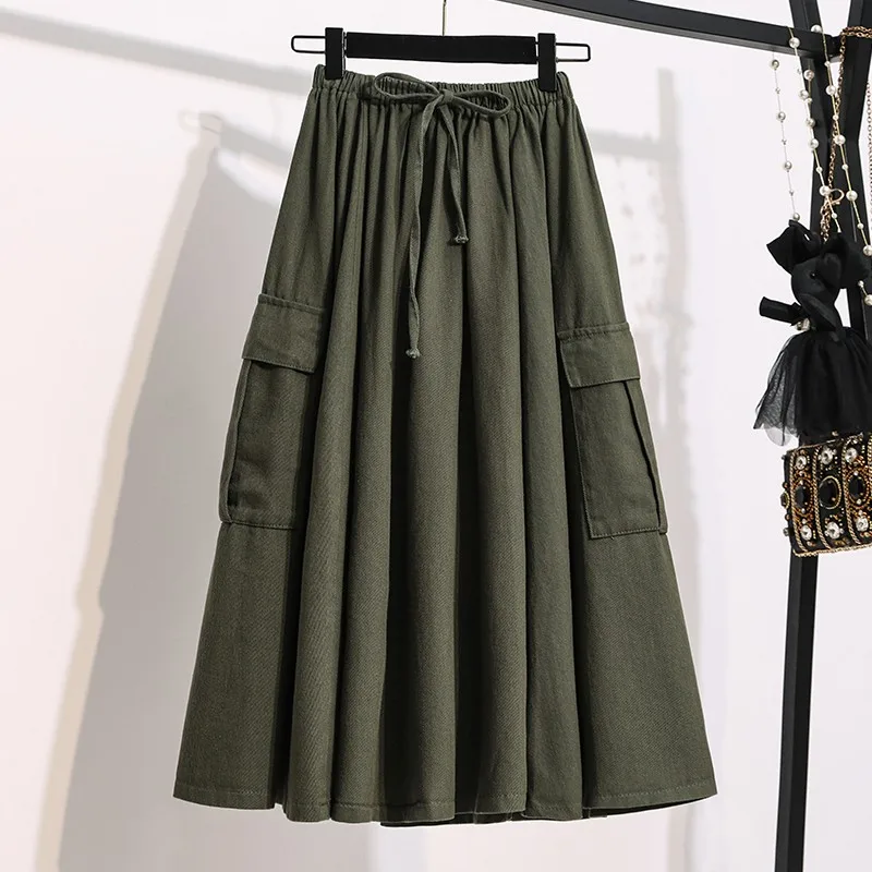 Women Cotton Casual Skirts New Arrival 2021 Safari Style Solid Color Loose Female High Waist A-line Long Skirts S3835