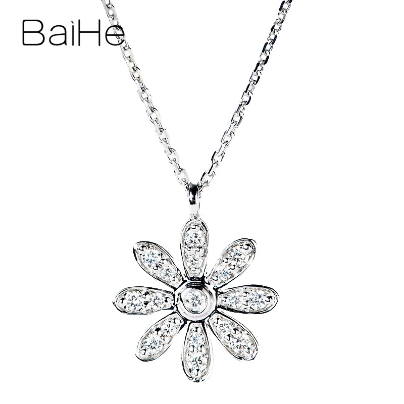 BAIHE Solid 18K White Gold 0.20ct H/SI Natural Diamond Flower Pendant Necklace Women Daily Clavicle Chain Trendy Fine Jewelry