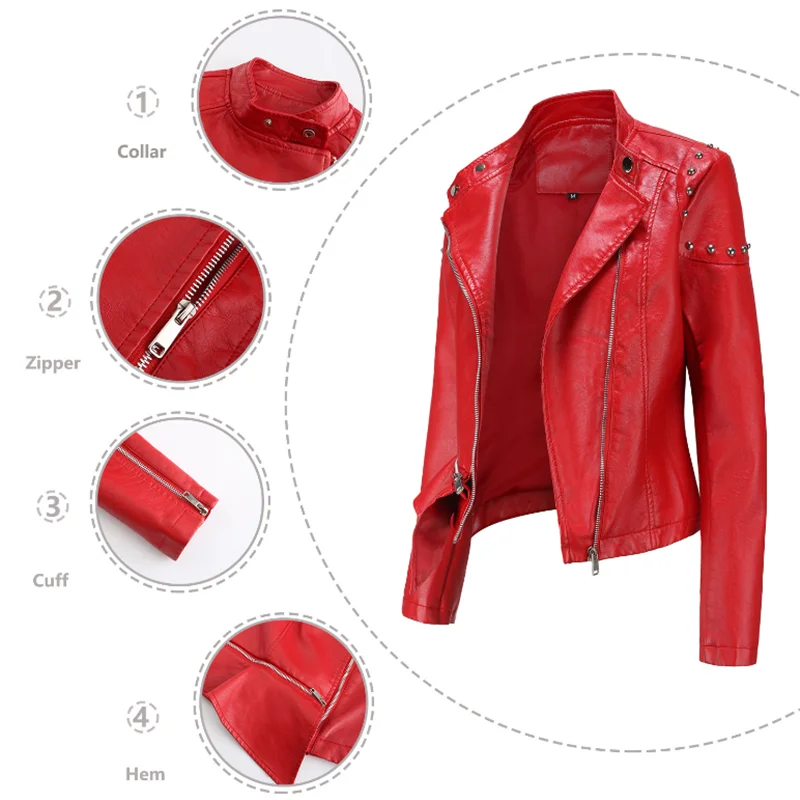 The New 2021 Rivet Fashion Stand-up Collar Leather Jacket Women's Solid Color Jacket Women's Spring and Autumn Jacket Women's Cl