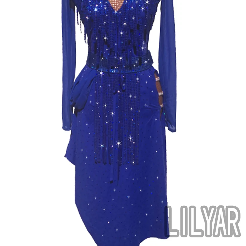 Latin Dance Skirt Competition Performance Dress Adult Blue Treasure Long Sleeve Sexy Sparkling Diamond Tassel Dance Dress