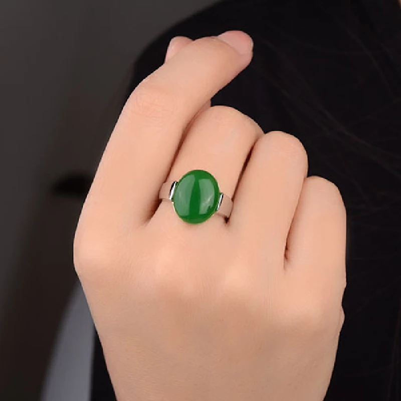 Retro Women Ring Silver 925 Jewelry Accessories with 12*16mm Red Green Agate Open Finger Rings for Wedding Party Promise Gift