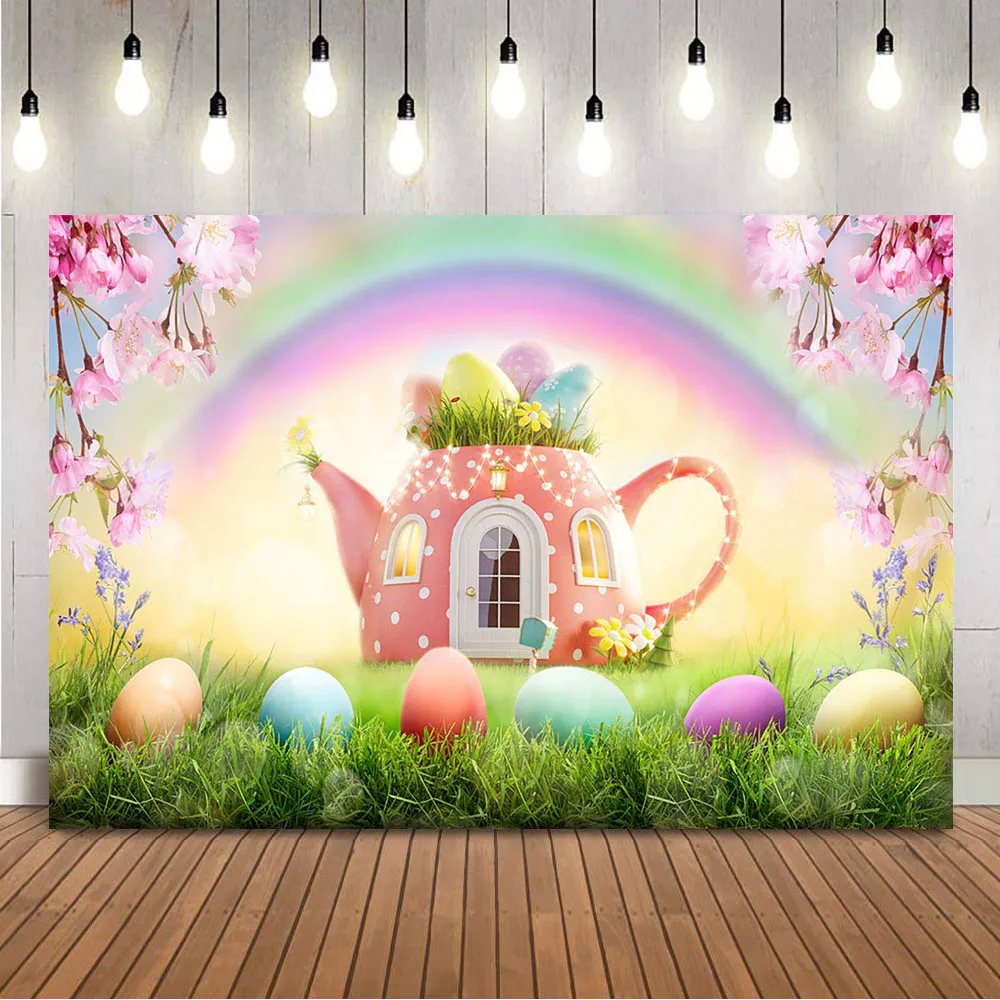 

Spring Easter Backdrop for Photography Pink Tea House Rainbow Background for Photo Studio Newborn Kids Children Photo Backdrops