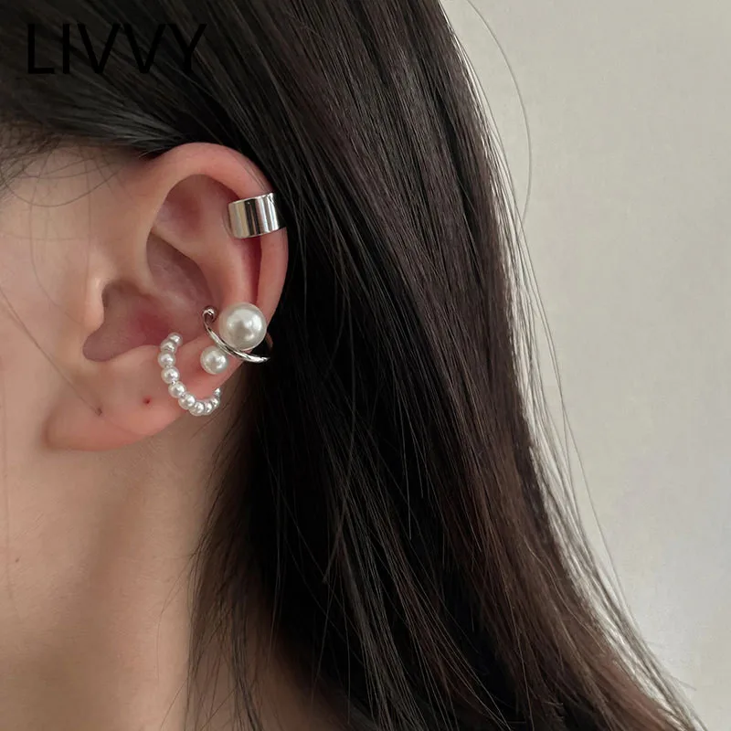 LIVVY-pendientes de Clip de geometría Simple para mujer, aretes sin Piercing, joyería elegante, Color plateado, 3 unids/set/Set