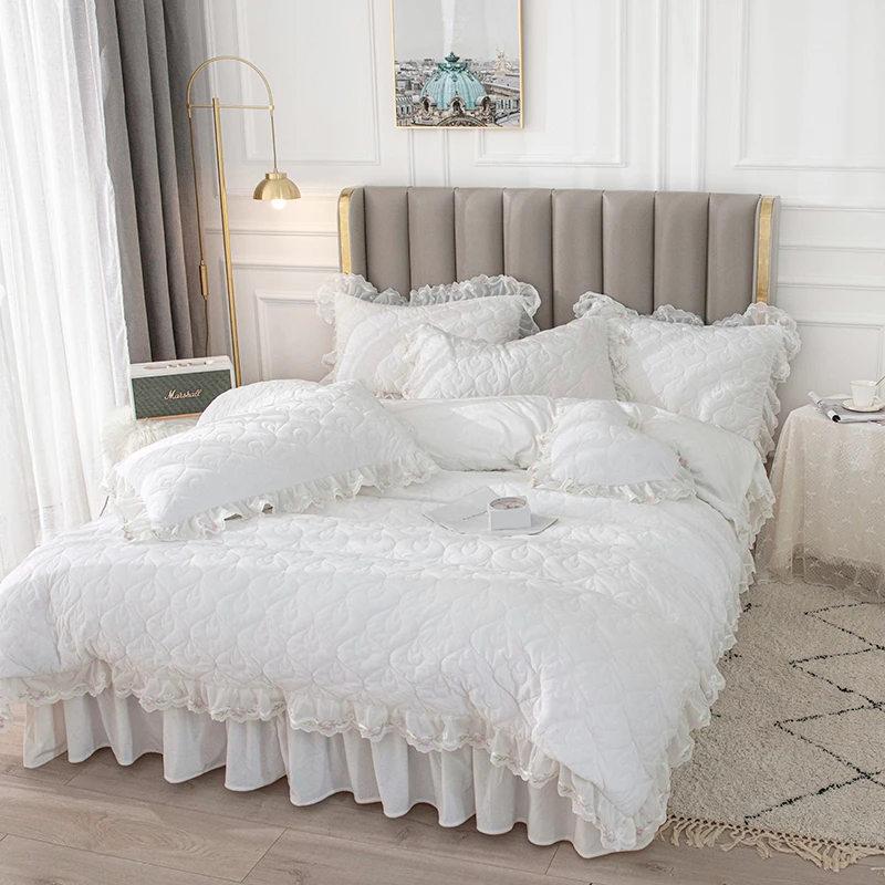 White Velvet Bedding Set Princess Lace Embroidery Thicken Duvet Cover Super Soft Solid Color Bedspreads Bed Skirt Pillowcases