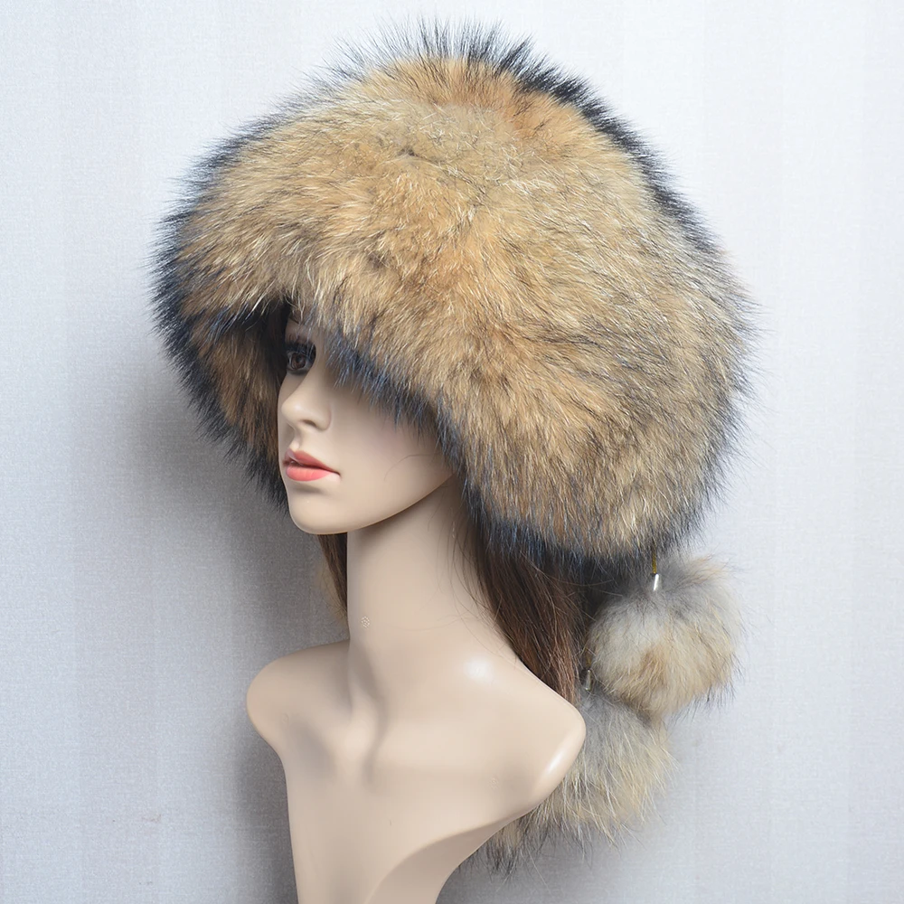 Winter Warm Women Russian Raccoon Royal Fur Caps Fox fur Hat Dome Mongolian Hat Fur Hat Luxury Lady Natural Fox Fur Bomber Hat