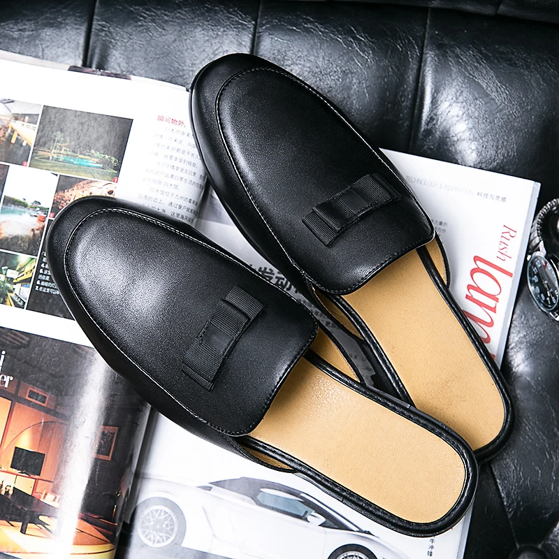 Leather Slippers for Men 2020 Fashion Bow Loafers Black Mules Summer Casual Shoes Men Round Toe Gents Shoes Men\'s Flats Big Size