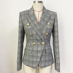 HIGH QUALITY Newest 2024 Designer Jacket Women's Classic Plaid Slim Fitting Double Breasted Lion Buttons Blazer