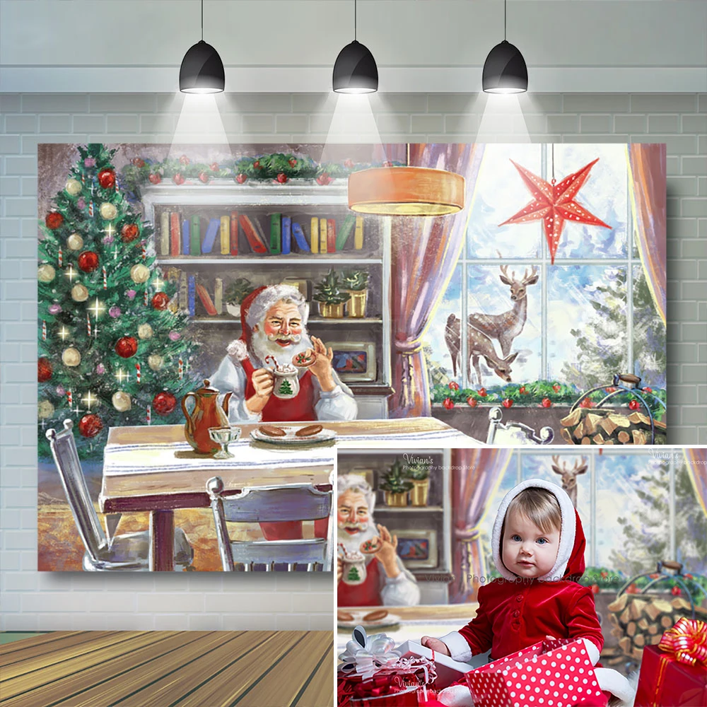 Christmas Backdrop Kids Kitchen Photography Santa Claus Theme  Child Girl Portrait Shop Banner Hand Paint Background Photostudio