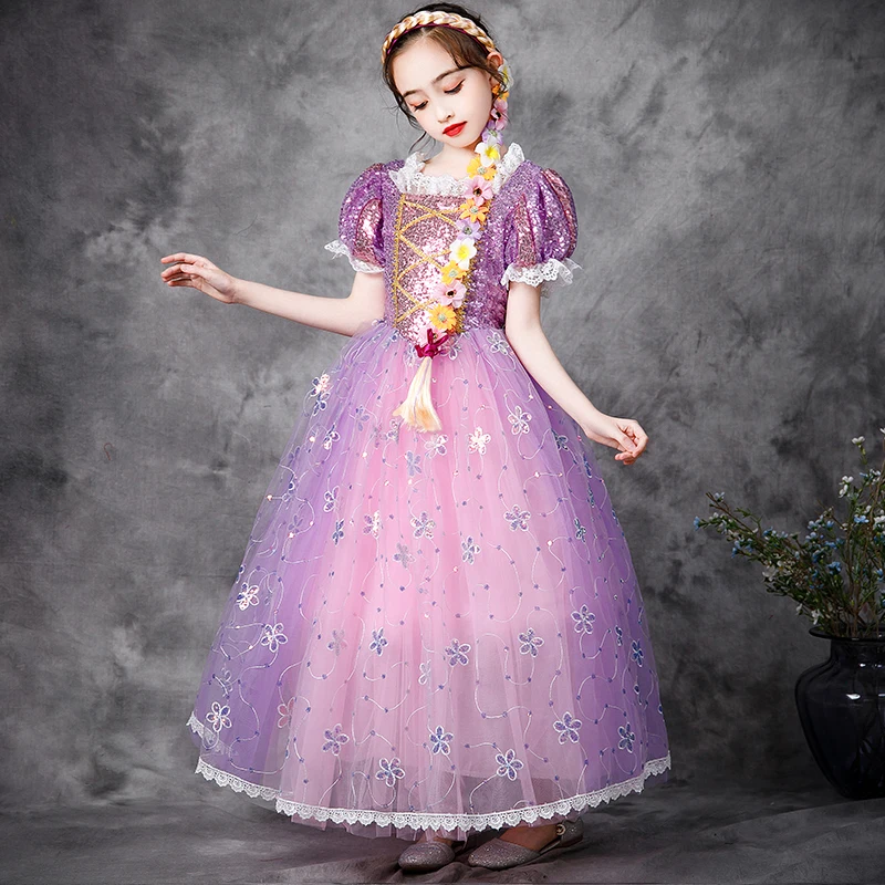 

Ruifglasb Princess rapunzel dresses children baby Sequined Puff Sleeves Girl costume long dress Up Party free oversleeves