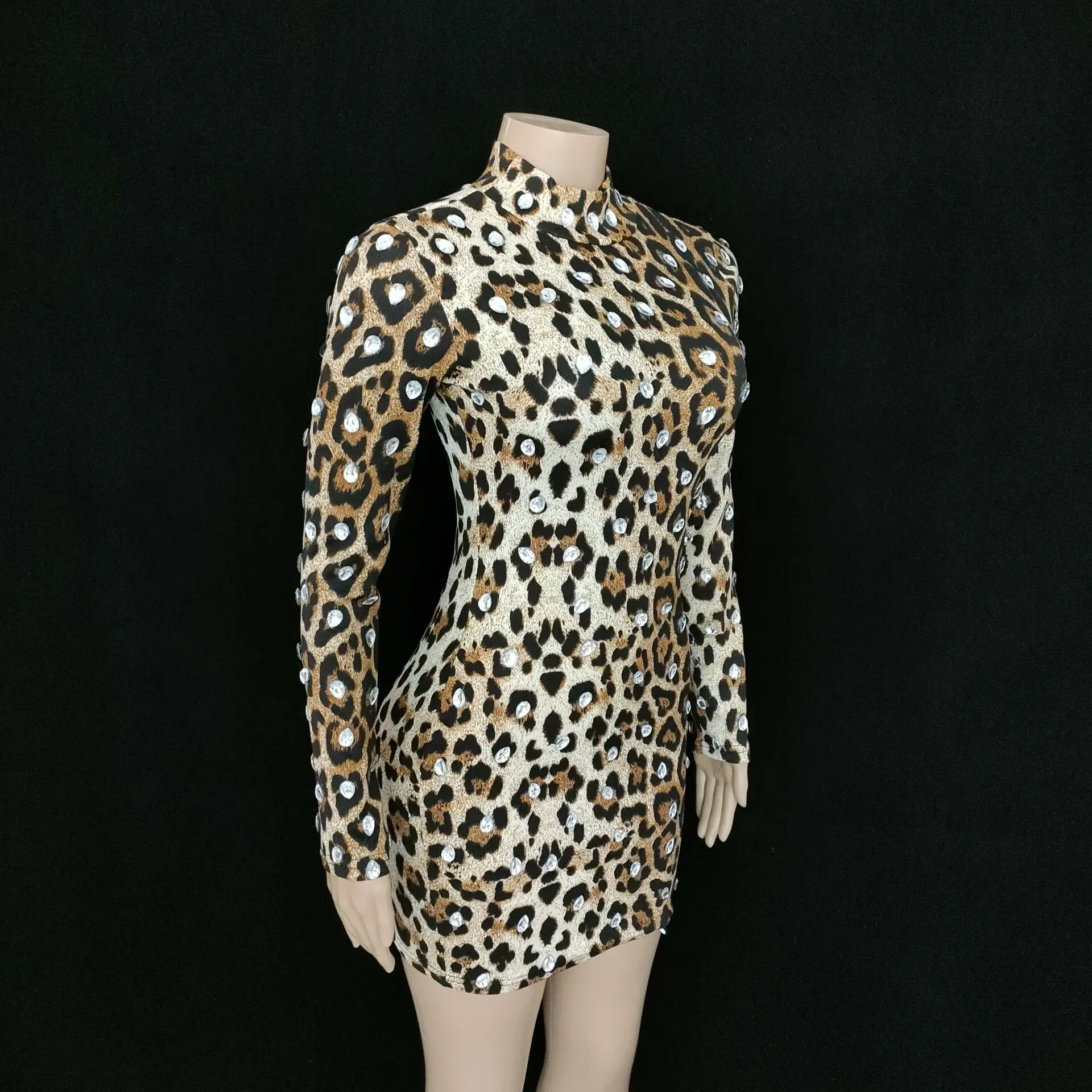 Leopard Print Rhinestones Stretch Dress Nightclub Women Fashion Sexy Birthday Prom Evening Party Bar Singer Dancer Costume