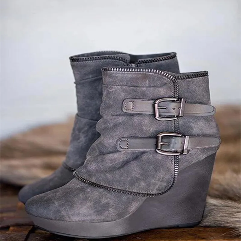 Fashion Ankle Boots for Women Suede Wedges Zipper Solid Color Short Booties Round Toe Shoes Boots-women Dropshipping 2021