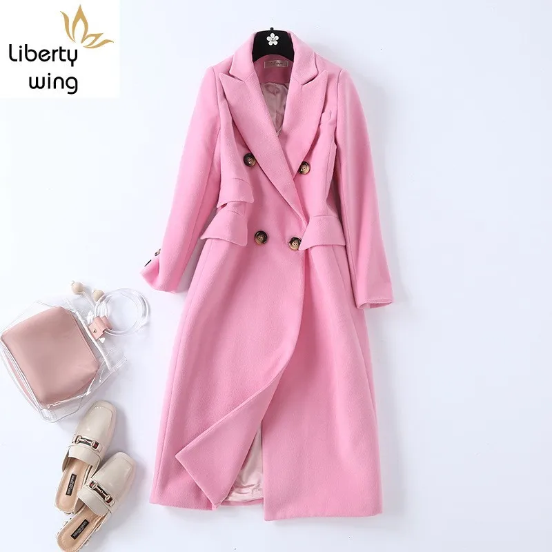 

Autumn Winter Pink Wool Blends Overcoat Women Fashion Casual Office Full Sleeve Single Breasted Long Coats Abrigo Mujer