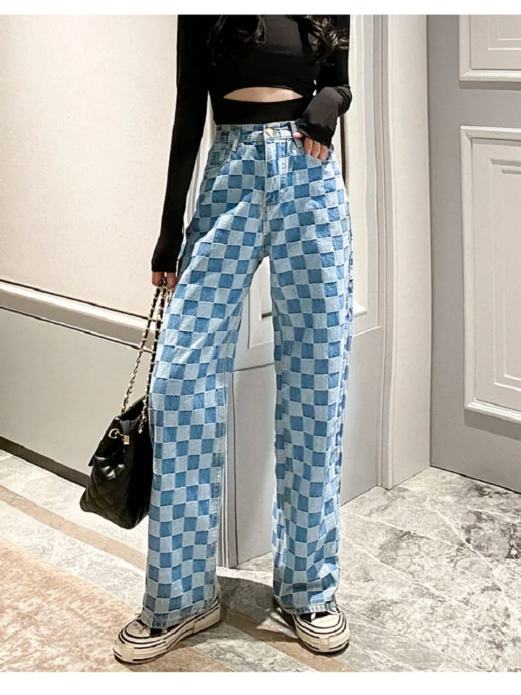 Chic Harajuku BF High Waist Pocket Wide Leg Plaid Denim Jeans Women England Checker Jeans Casual Europe Boyfriend Loose Trousers