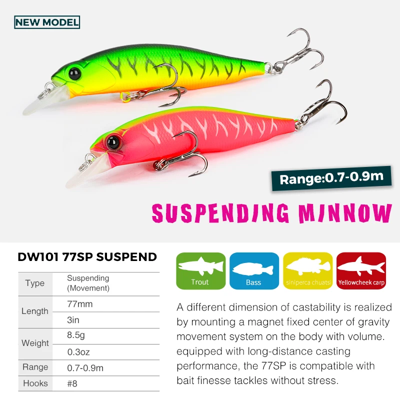 TSURINOYA 77SP Jerkbait 77mm 8.5g DW101 Suspending Minnow Pike Bass Fishing Lure 0.7-0.9m Artificial Hard Bait Wobbler Crank