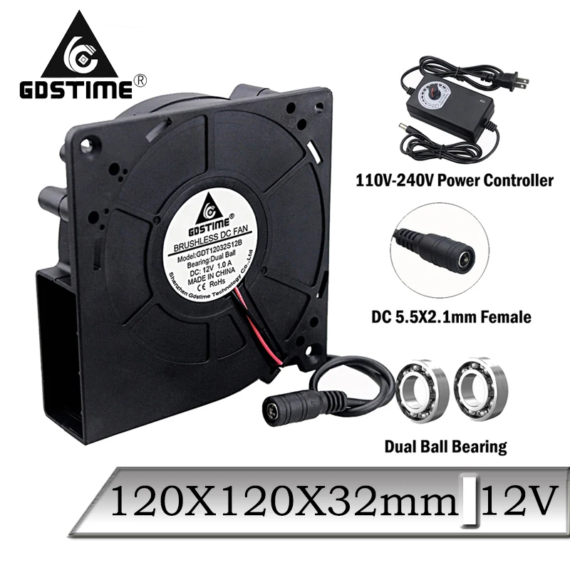 

Gdstime 12V Ball 120mm 12032 Blower Fan BBQ DC Female 5.5x2.1mm + AC Power Controller 110v 120v 220v 240v Speed Control