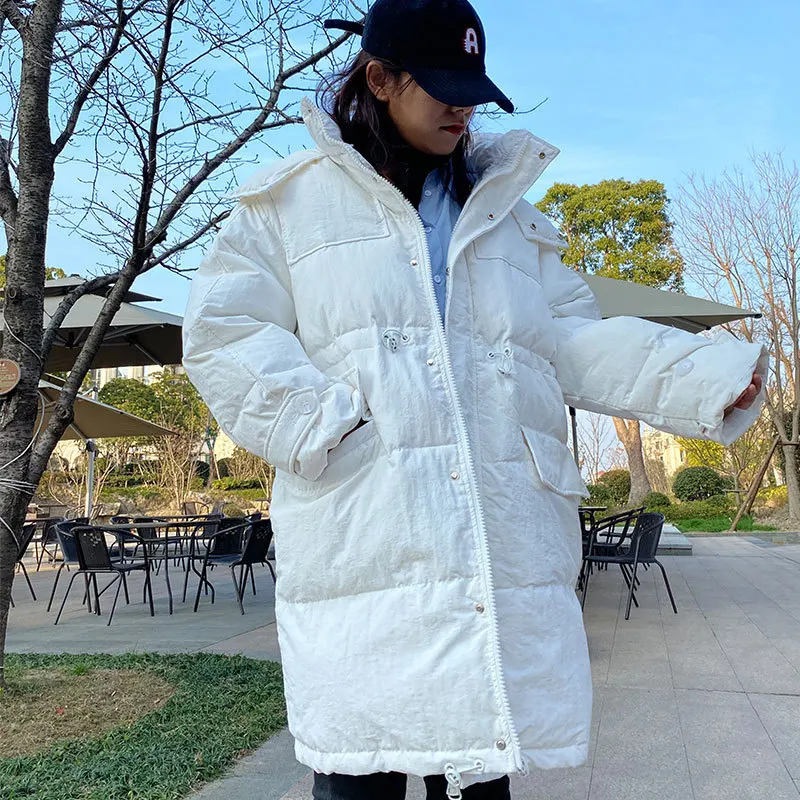Women's down jacket white duck down long Korean version loose drawstring hat stand collar over knee stand collar trend coat