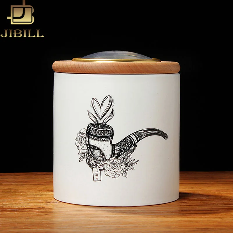 RU-JIBILL-Printed Ceramic Jar, Tobacco Humidor, Easy to Carry, Natural Beech Wood Lid, Cigar Tobacco Tea Coffee Beans, Candy