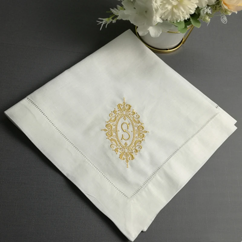 

Set of 12 Excellent Monogrammed Dinner Napkins White Hemstitched Linen Table Napkins 20x20" Ladder Embroidery Initial Tea Napkin