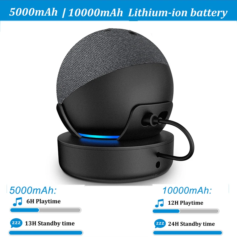 قاعدة بطارية محمولة PlusAcc بقدرة 10000 مللي أمبير في الساعة لمحطة إرساء Alexa Echo Dot 4th و5th Gen لحامل شاحن مكبر الصوت الذكي Alexa