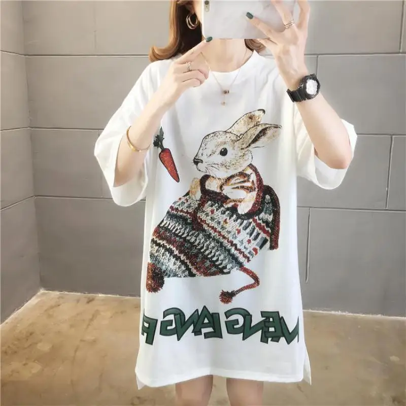 Zuolunouba Summer Casual Women T Shirt Print Carrot Rabbit Knitted Hat Female T-shirt Tops Mid-length Loose Short Sleeves Tees