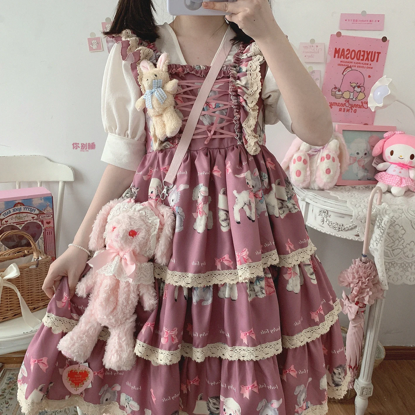 Sweet Cat Cute Girl Daily Cute Printing Lace Bowknot Cartoon Bandage Jsk Dress High Waist Victorian Dress Kawaii Girl Gothic