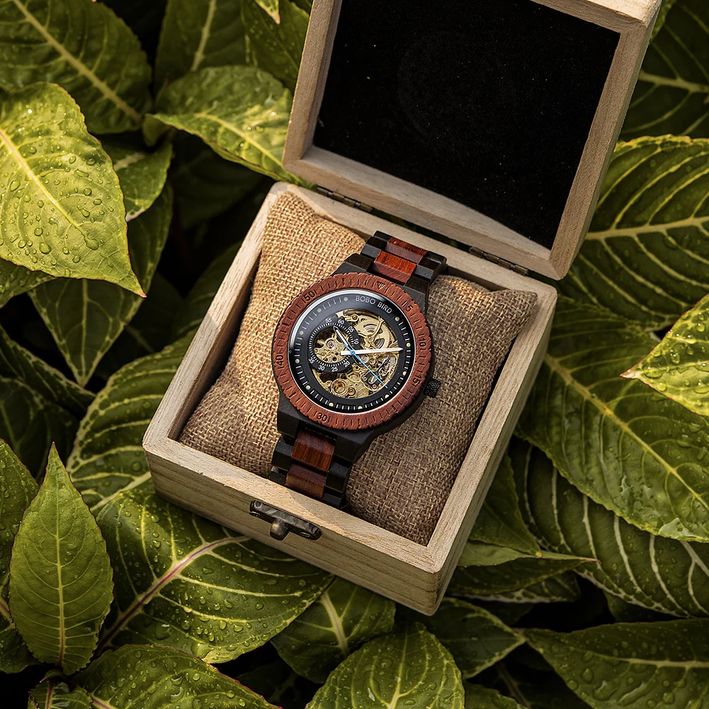 BOBO VOGEL Holz Mechanische Uhr Männer Luxus Automatische Armbanduhr Reloj Mecanico Leucht Zeitmesser Individuelles Logo Großes Geschenk Box