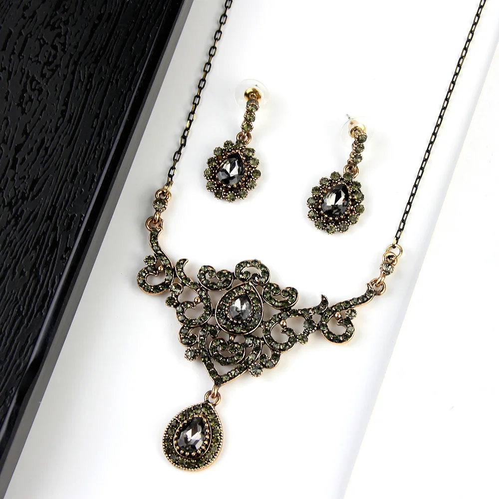 Sunspicems Turkish Wedding Jewelry Sets Gray Crystal Drop Earring Charm Necklace Antique Gold Color Bohemia Party Bijoux Gift