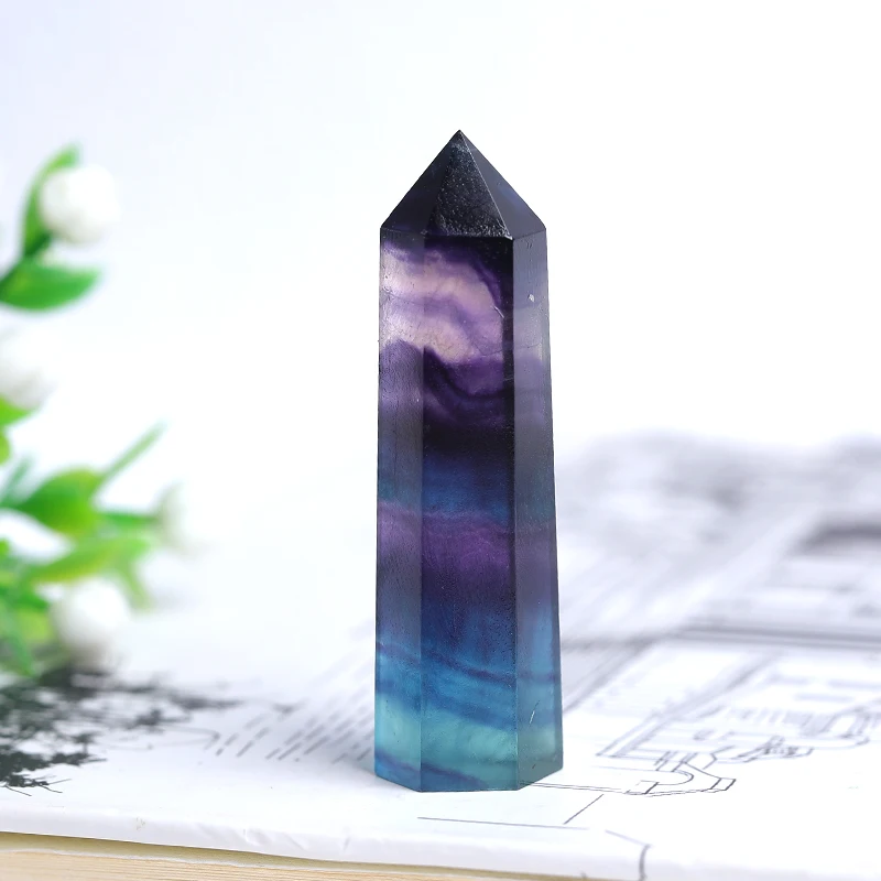 1PC Natural Crystal Striped Fluorite Magic Point Health Energy Hexagonal Ornament Colorfull Fluorite Crystal Column Stone Gifts