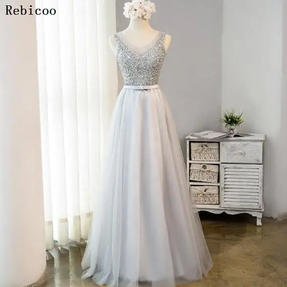 

New arrival luxury long style dresses bling beading tulle party gray dresses prom party crystal pearls floor length