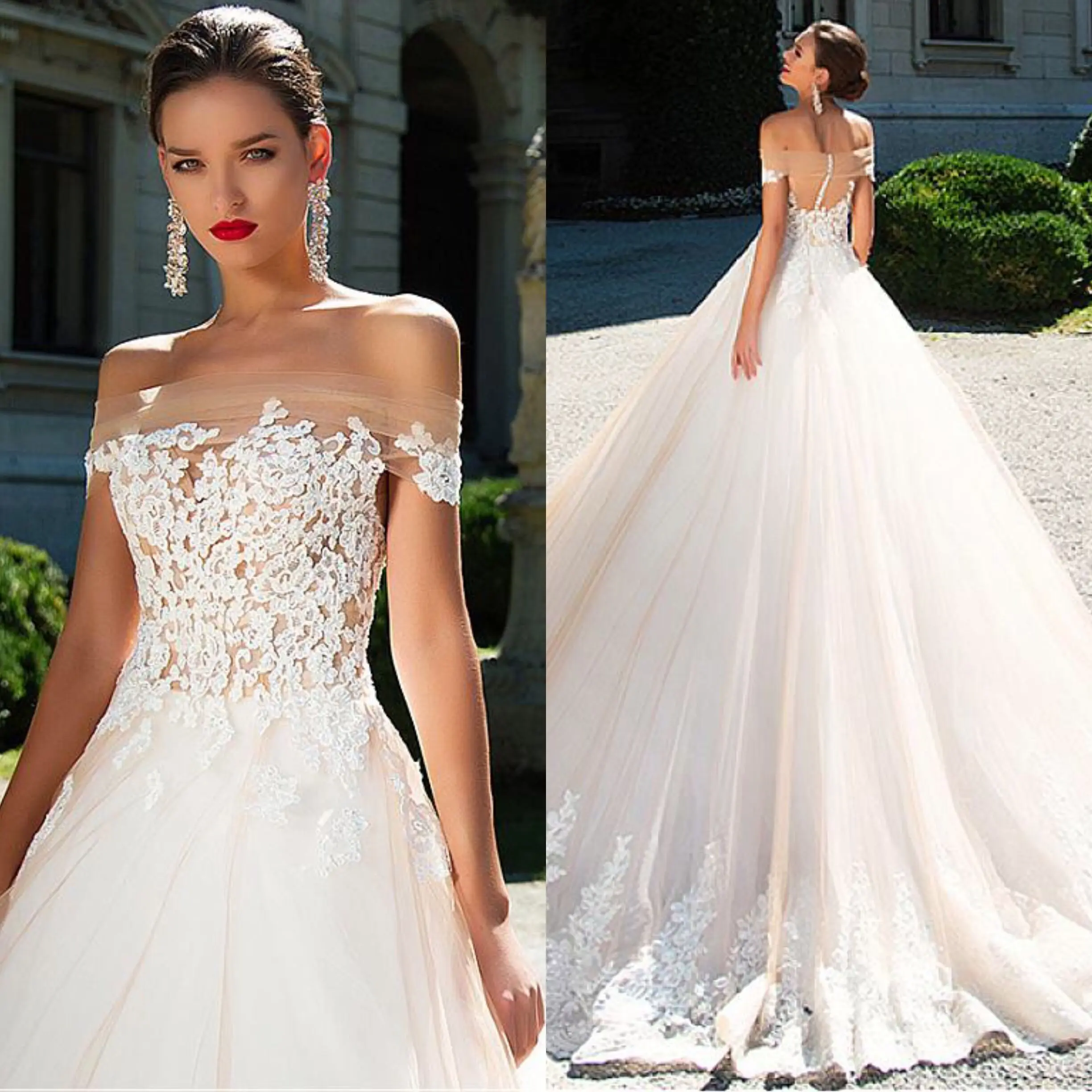 

Fashion Tulle Boat A-Line Lace Appliques Wedding Dresses Illusion Back Puff Floor Length Bridal Gowns Vestidos De Noiva 2020