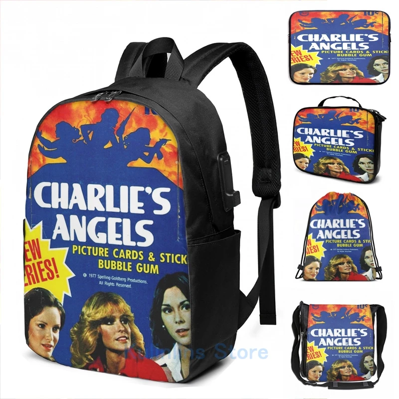 Graphic print Vintage Charlies Angels Topps Trading Cards Box USB Charge Backpack men School bags Women bag Travel laptop bag