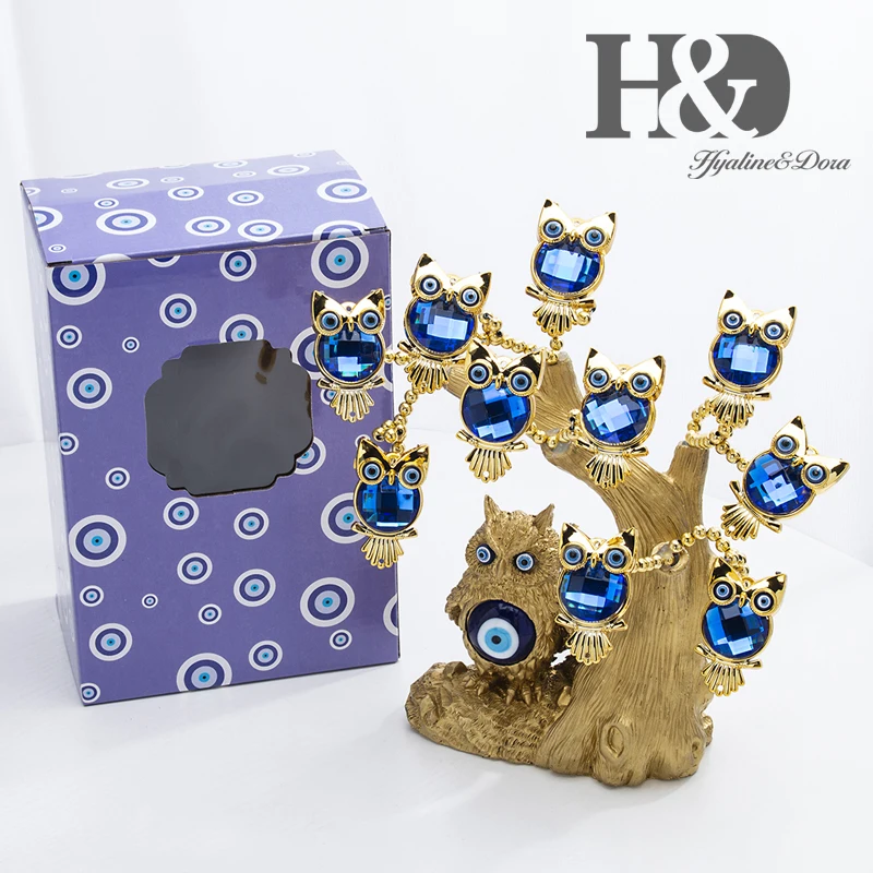 H & D Blau Bösen blick Baum für Schutz Gold Eule Form Baum Fengshui Ornament Home Office Decor Gute Luck geschenk Prunkstück Weihnachten Geschenk