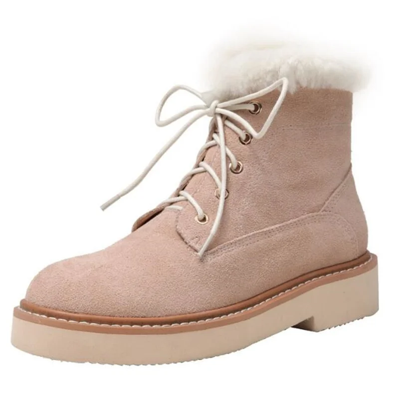 Women Winter Snow Boots Round Toe Low Heels Strap Tied Thickened Cold Weather Shoes Solid Suede Nude Genuine Cow Leather Booties