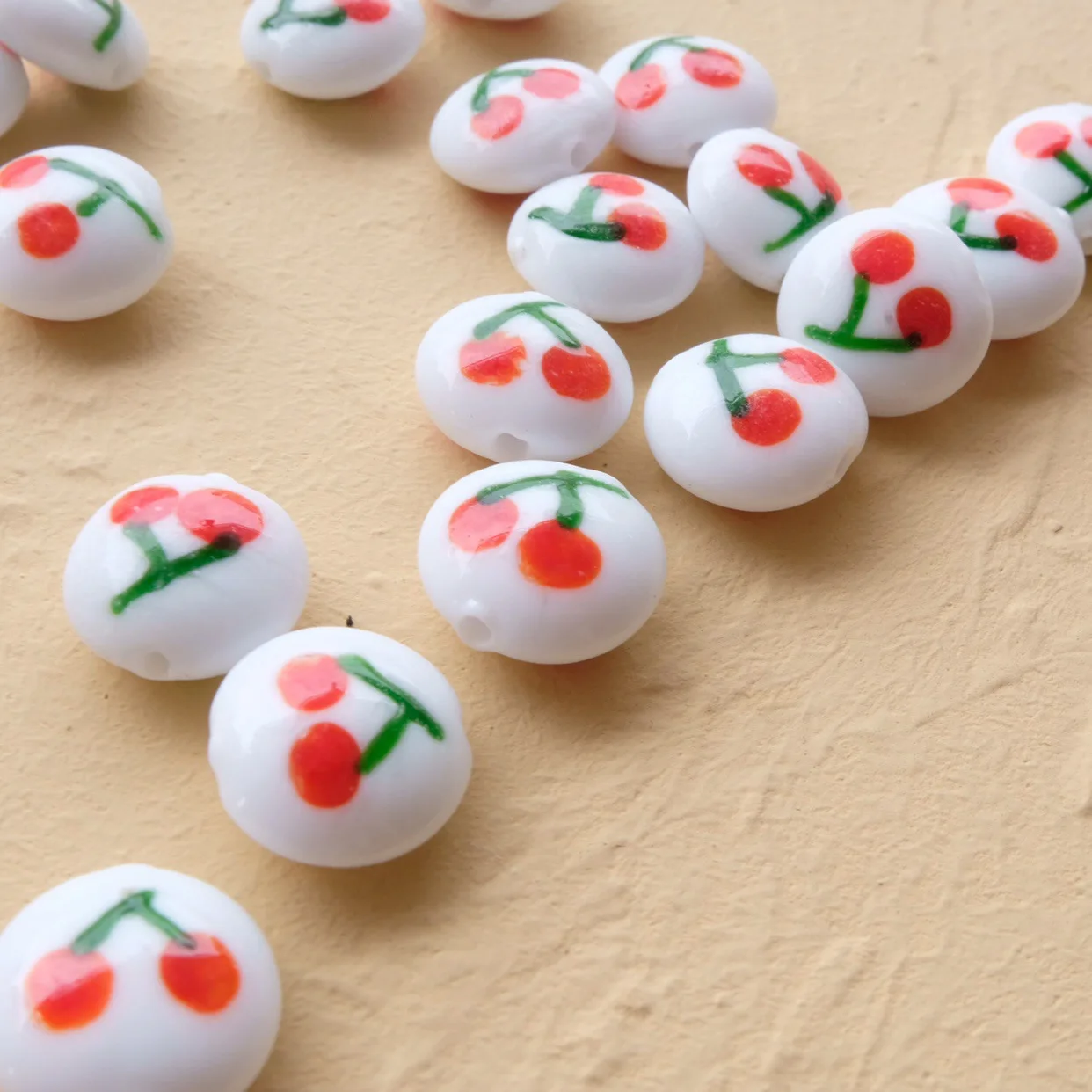 5pcs Hand Painted Cherry Pattern Lampwork Beads 16mm Loose Spacer Handmade Lampwork Bead For Jewelry Making DIY Bracelet