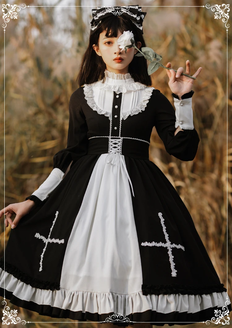 

Gothic vintage sweet lolita dress falbala stand lantern sleeve high waist victorian dress kawaii girl gothic lolita op loli cos