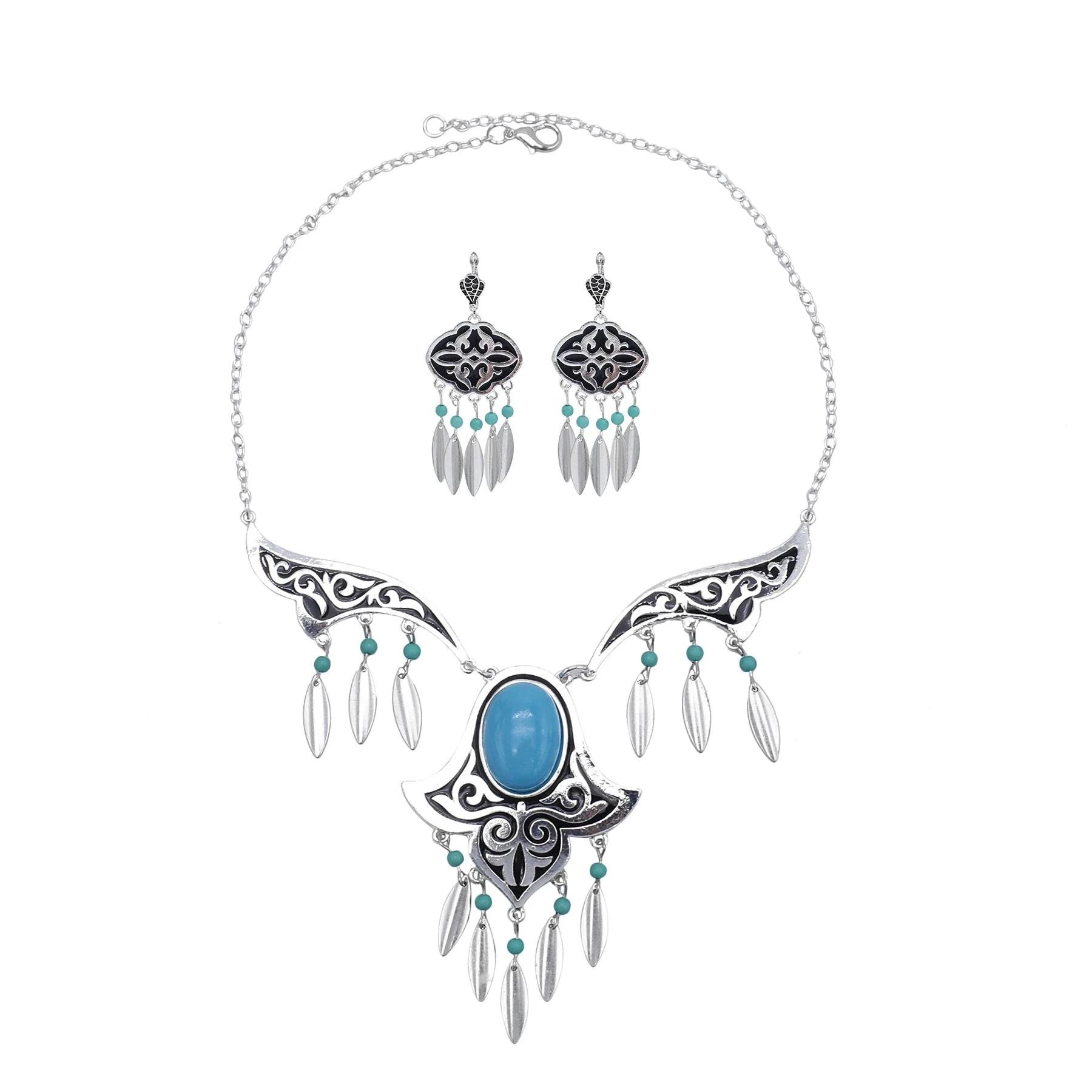 Bohemian Vintage Blue Acrylic Stone Beads Tassel Choker Necklace Earrings for Women India Gypsy Boho African Ethnic Jewelry Set