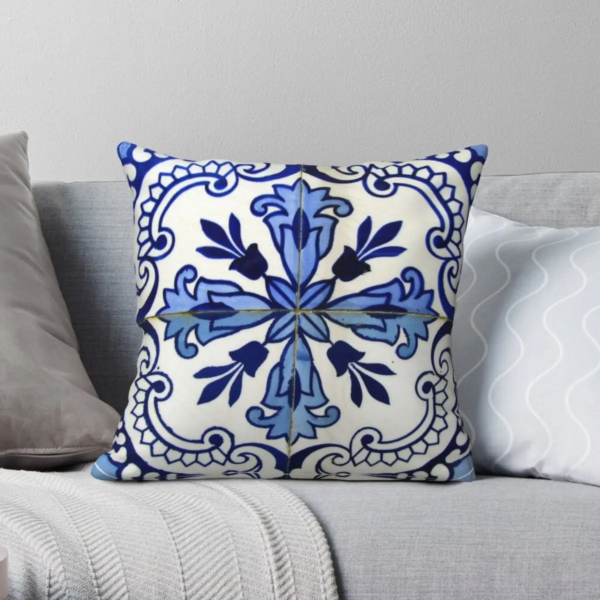 Blue And White Patterned Azulejos Porto Square Pillowcase Polyester Linen Velvet Creative Zip Decor Home Cushion Cover