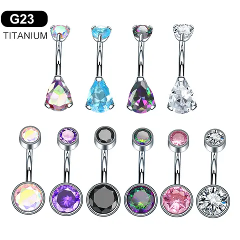 G23 Titanium Opal Zircon Belly Button Ring Round Cubic Bar Barbell Belly Drop Dangle Navel Piercing Men Women Body Jewelry