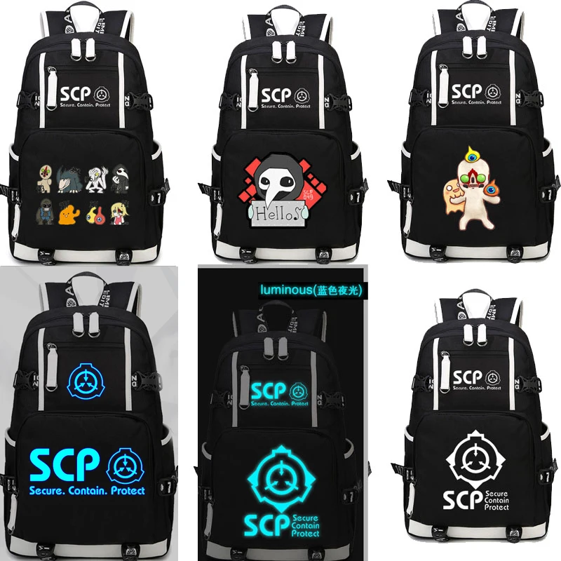 SCP Sicuro Contengono Proteggere Zaino Nero Bookbag Fumetto Borse Da Scuola SCP LUMINOSO Bagpack viaggi USB DEL COMPUTER PORTATILE Borse A Spalla