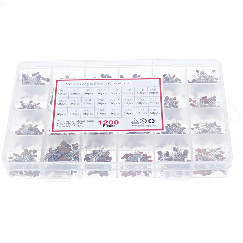 24Value/Box Ceramic Capacitor Assortment Kit 2PF-0.1UF 50V Ceramic Capacitors Set 22PF 47PF 100nF 104 Electronic Capacitor Pack