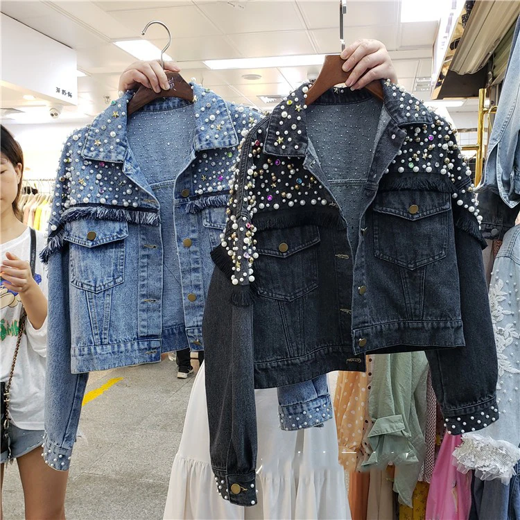 Retro Heavy Industry Beaded Tassel Jean Jacket Female Spring New Short Paragraph Denim Jacket Black Casual Jeans Jackets