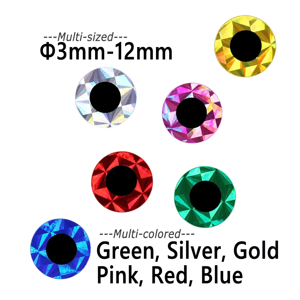 Bimoo 100pcs 2D Metal Jigs Lure DIY Eyes Holographic Flat Fishing Fly Eyes Sticker for Slow Jigging Fishing Lure Baits 3mm-12mm