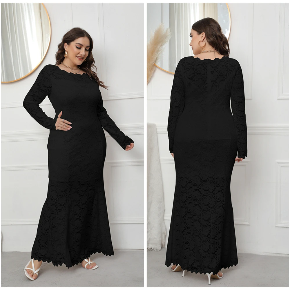 Spring New Hot Sale European And American Style Plus Size Evening Dress Hollowed Out Lace Fishtail Dress For Women