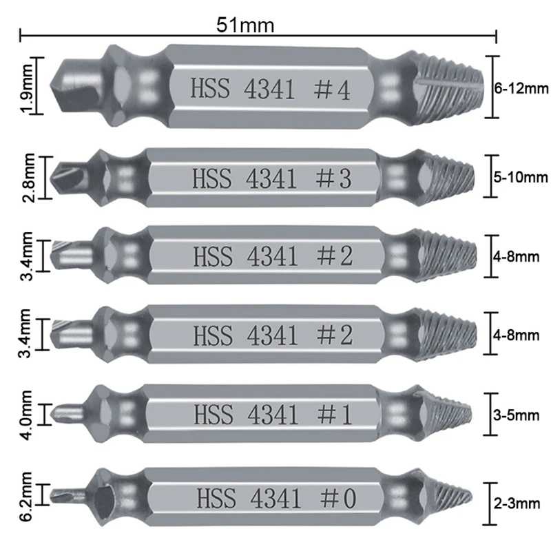 6pcs HSS4341 Damaged Screw Extractor Drill Bit Set Stripped Broken Screw Bolt Remover Extractor Easily Take Out Demolition Tools