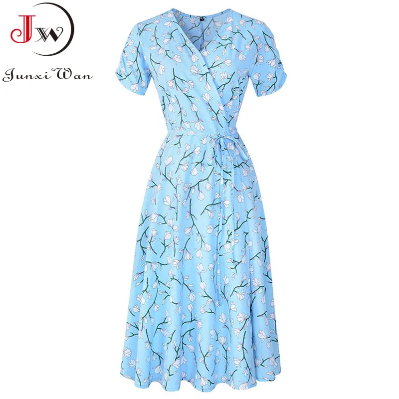 Summer Elegant Short Sleeve Chiffon Dress Women Floral Print Vintage A-Line Bohemian Beach Midi Sundress