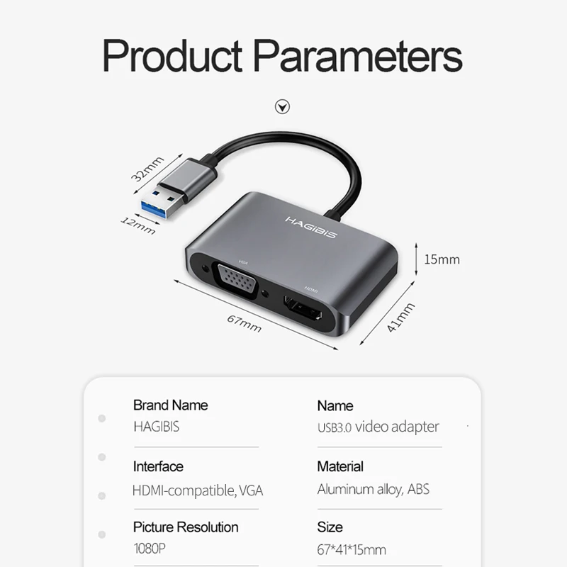 Hagibis USB 3.0 to HDMI-compatible VGA Adapter 1080P Multi-Display 2in1 USB to HDMI-compatible Converter for Windows 7/8/10 OS