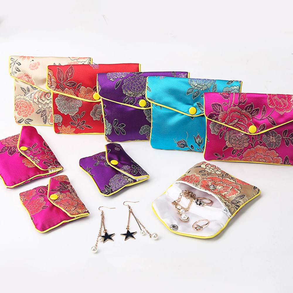 1pc Chinese Brocade Handmade Silk Embroidery Padded Zipper Small Jewelry Gift Storage Pouch Bag Snap Case Satin Coin Purse