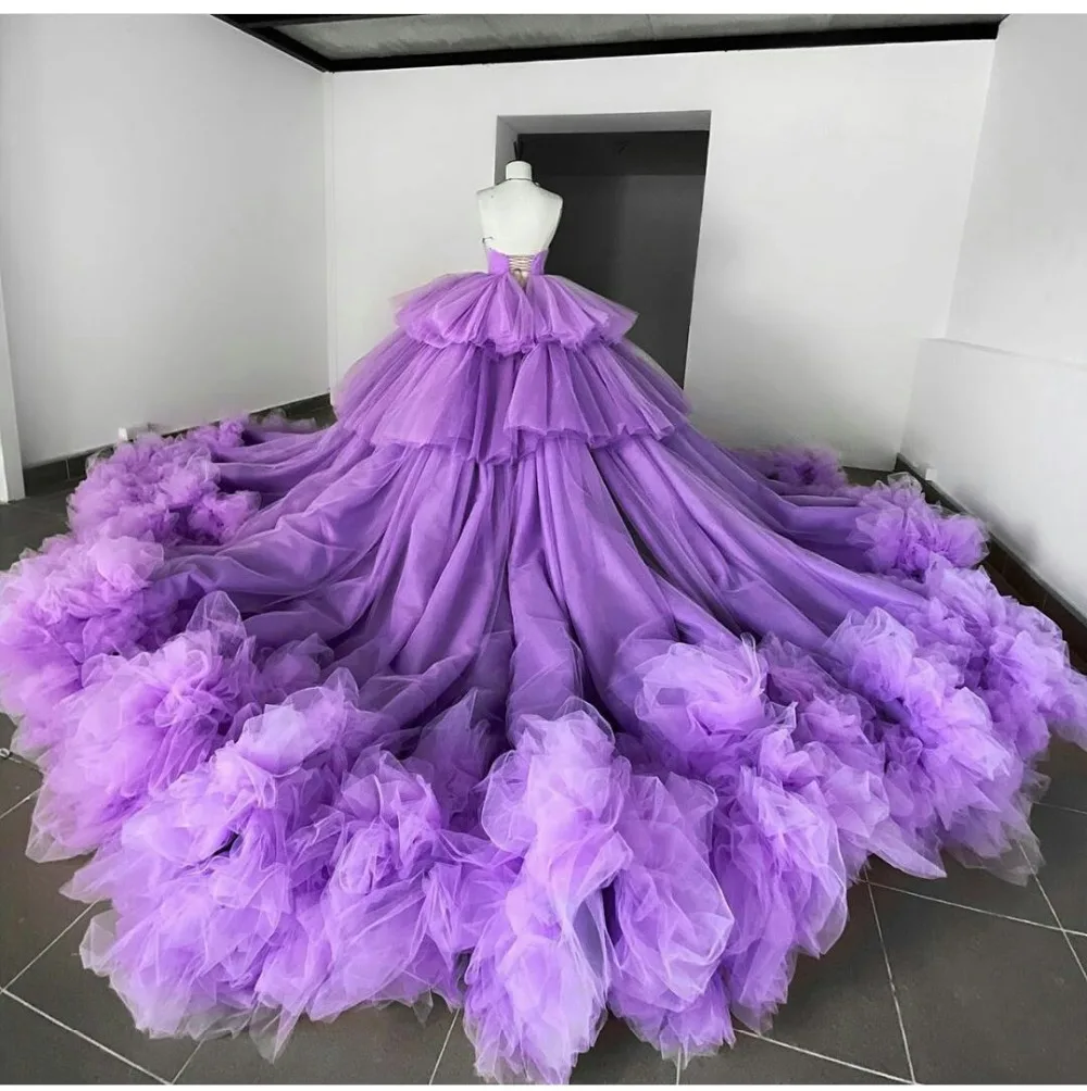 Fashion Purple High/Low Children Prom Dresses Elegant Halter Tiered Ruffles Peat Organza Party Gowns Court Train Evening Dress