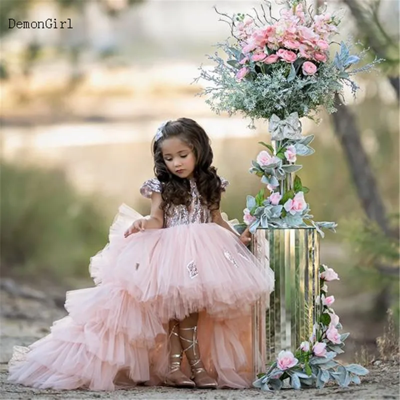 Blush Puffy Flower Girl Dress for Wedding Gold Sequined Sleeves Ruffled Layered Tulle Princess Birthday Party Pageant Gowns