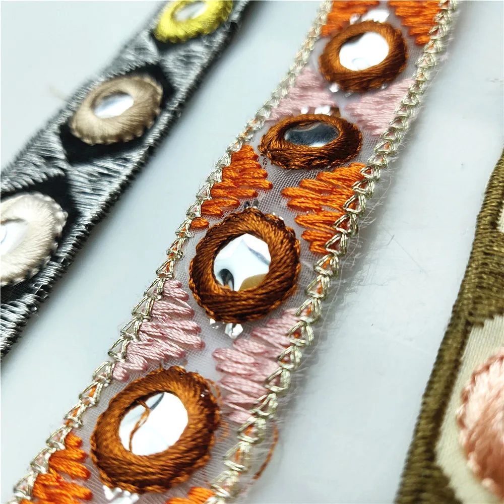 1 Yard Embroidered Webbing 2cm Width Silver Ethnic Thread Sequins Ribbon Tape Shoes Dress Decorative Diy Accessories